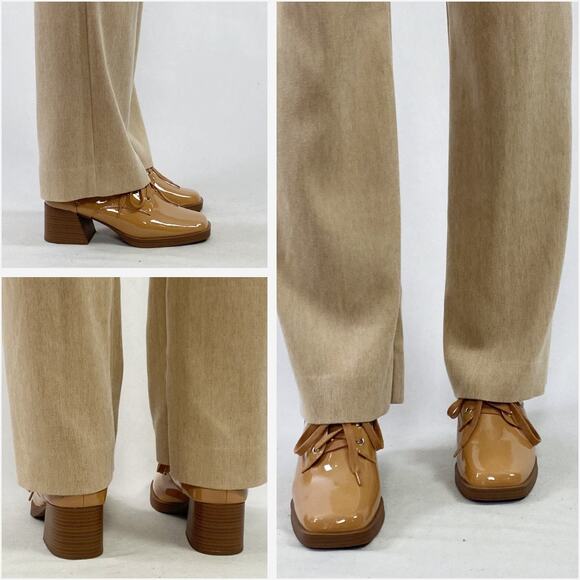 Soda Beige Square Toe Patent Leather Block Heel Lace Up Glossy Loafers Sz 10 - Picture 4 of 11